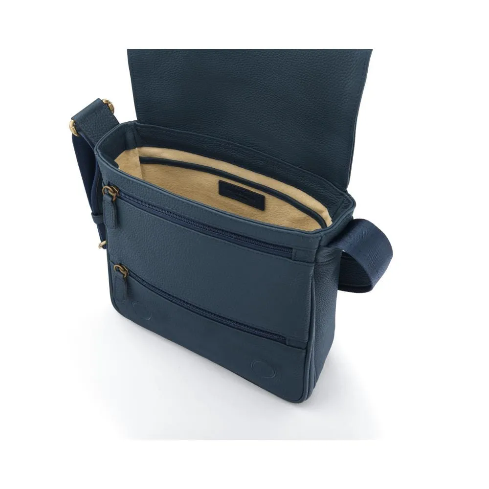 A4 Portrait Medium Leather Messenger Bag - Navy Pebble Grain