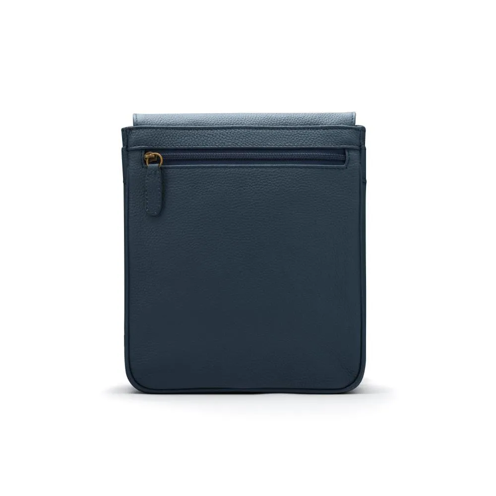 A4 Portrait Medium Leather Messenger Bag - Navy Pebble Grain