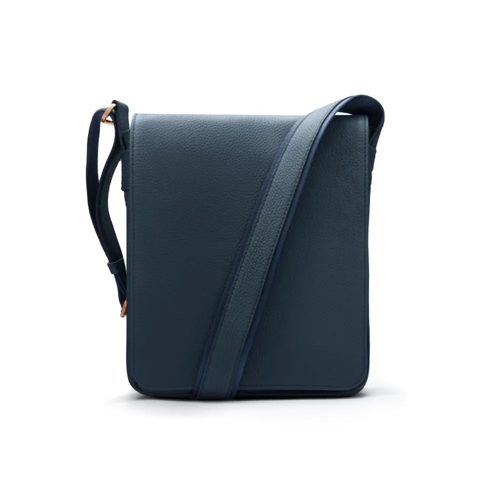 A4 Portrait Medium Leather Messenger Bag - Navy Pebble Grain