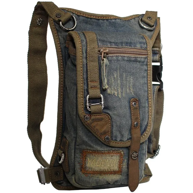 Blue Denim Canvas Mens Biker Waist Bag DropLeg Bag Belt Pouch Small Messenger Bag For Men