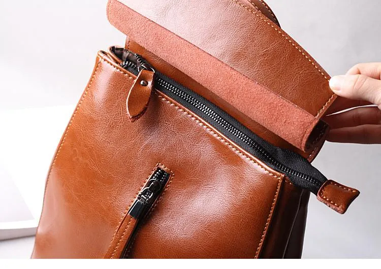 Brown Zipper Convertible Leather Backpack