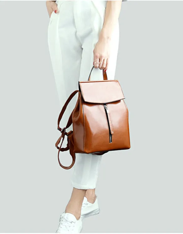 Brown Zipper Convertible Leather Backpack