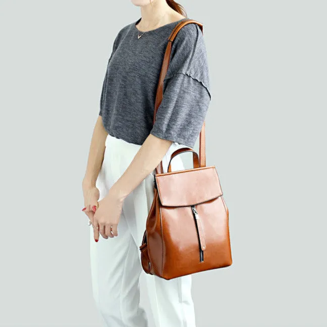 Brown Zipper Convertible Leather Backpack
