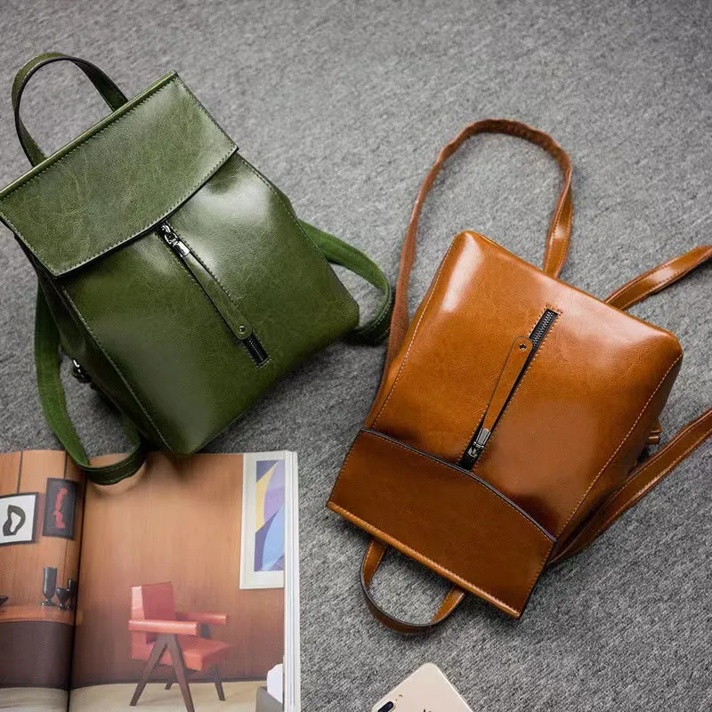 Brown Zipper Convertible Leather Backpack