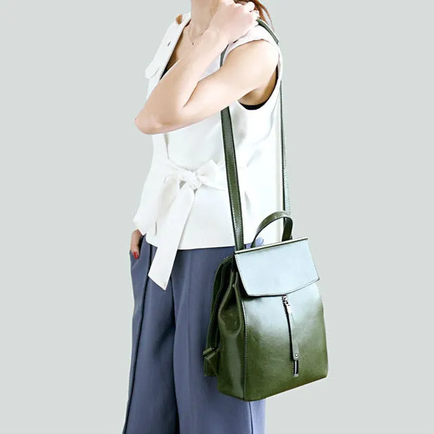 Brown Zipper Convertible Leather Backpack