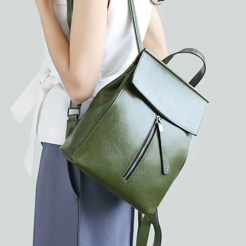 Brown Zipper Convertible Leather Backpack