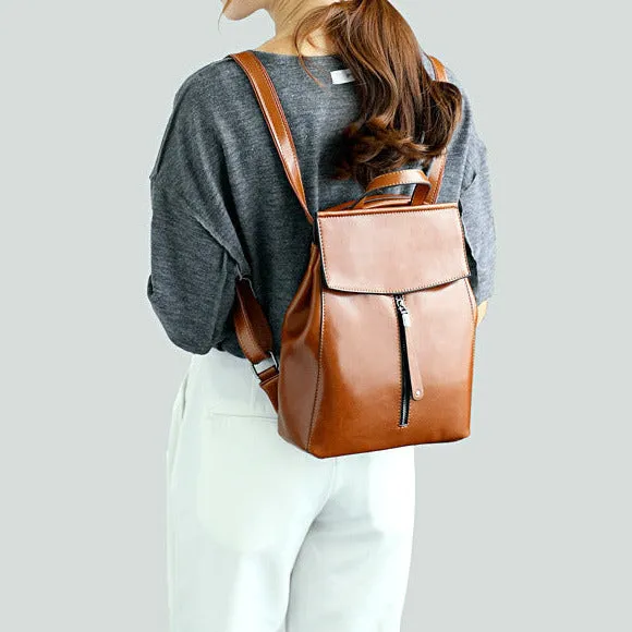 Brown Zipper Convertible Leather Backpack