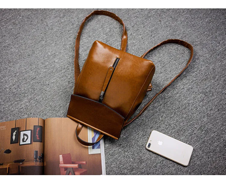 Brown Zipper Convertible Leather Backpack