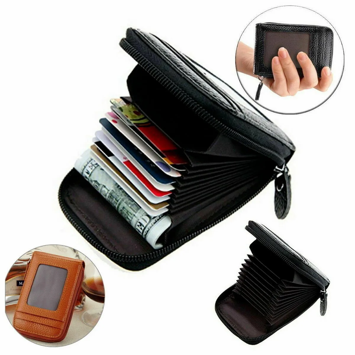 Genuine Leather Men Wallet Credit Card Holder RFID Blocking Zipper Pocket Thin