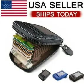 Genuine Leather Men Wallet Credit Card Holder RFID Blocking Zipper Pocket Thin