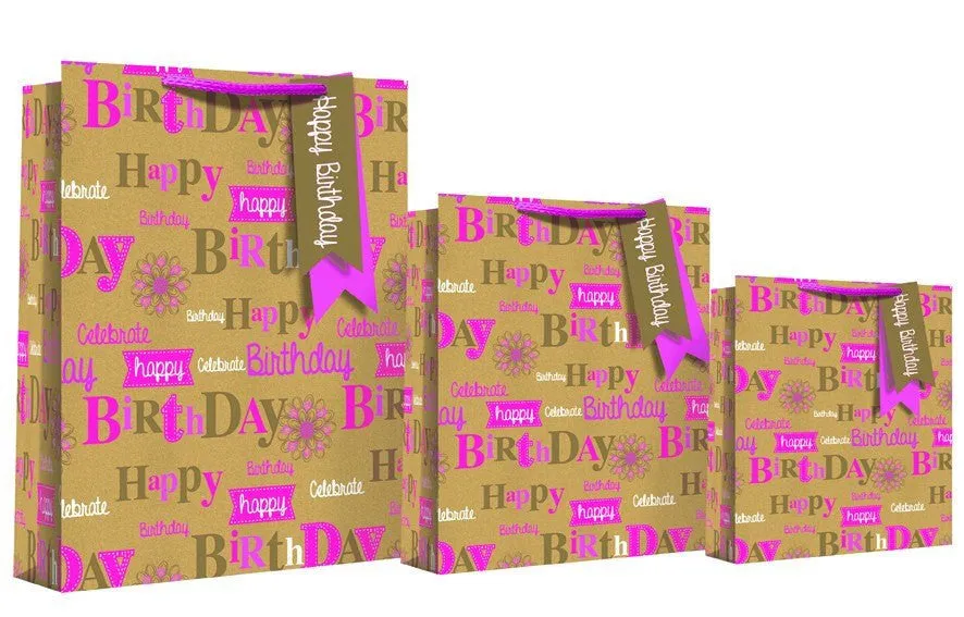 Happy Birthday Design Gift Bag 22 x 10 x 26cm - Rose Pink Medium