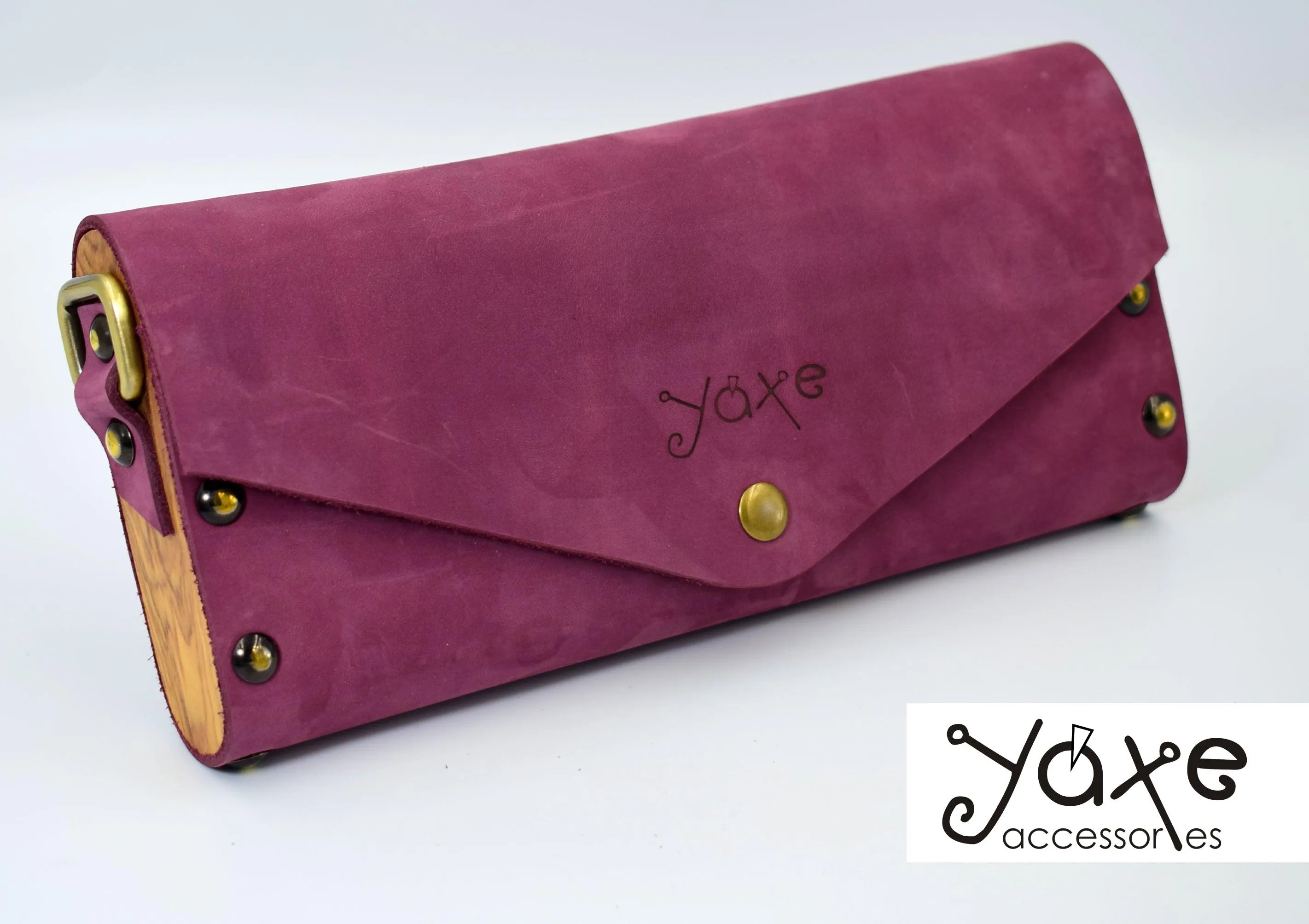 Purple small clutch women bag from leather and wood