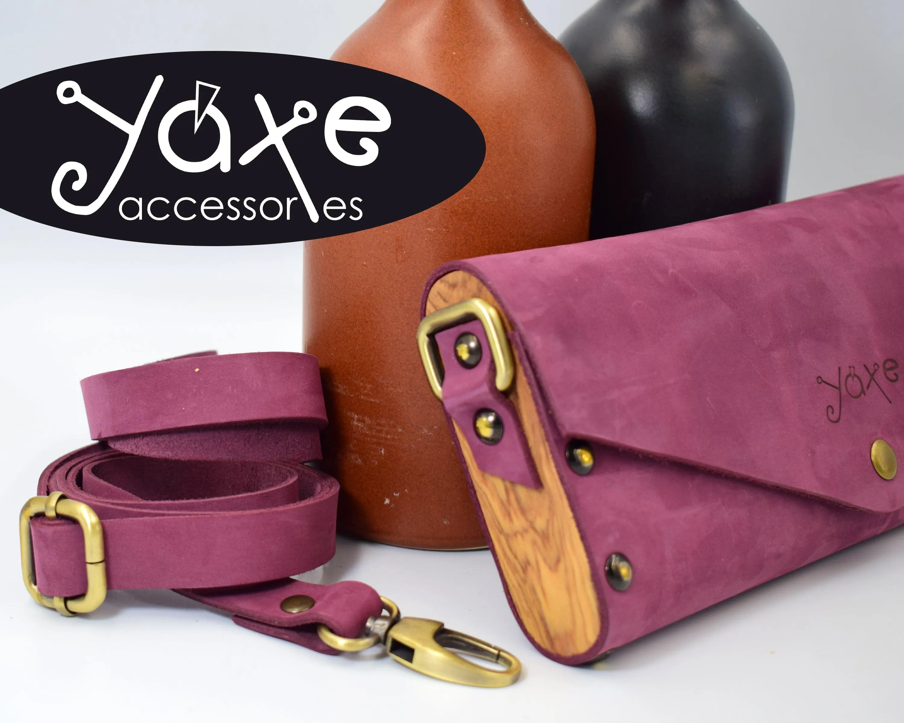 Purple small clutch women bag from leather and wood