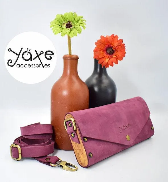 Purple small clutch women bag from leather and wood