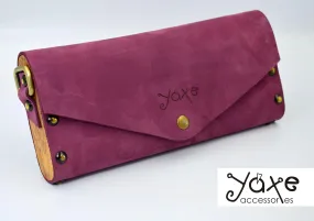 Purple small clutch women bag from leather and wood