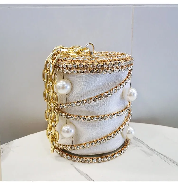 Rhinestones Big Pearls  Metal Cage Clutch