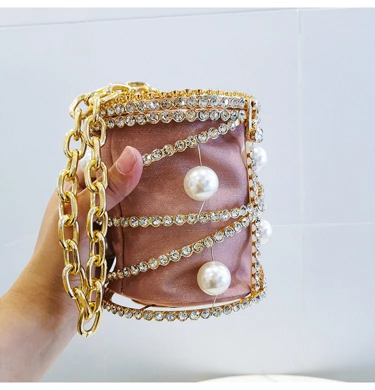 Rhinestones Big Pearls  Metal Cage Clutch