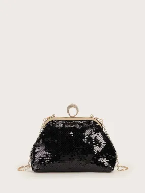 Sequins Decor Clip Top Clutch Bag