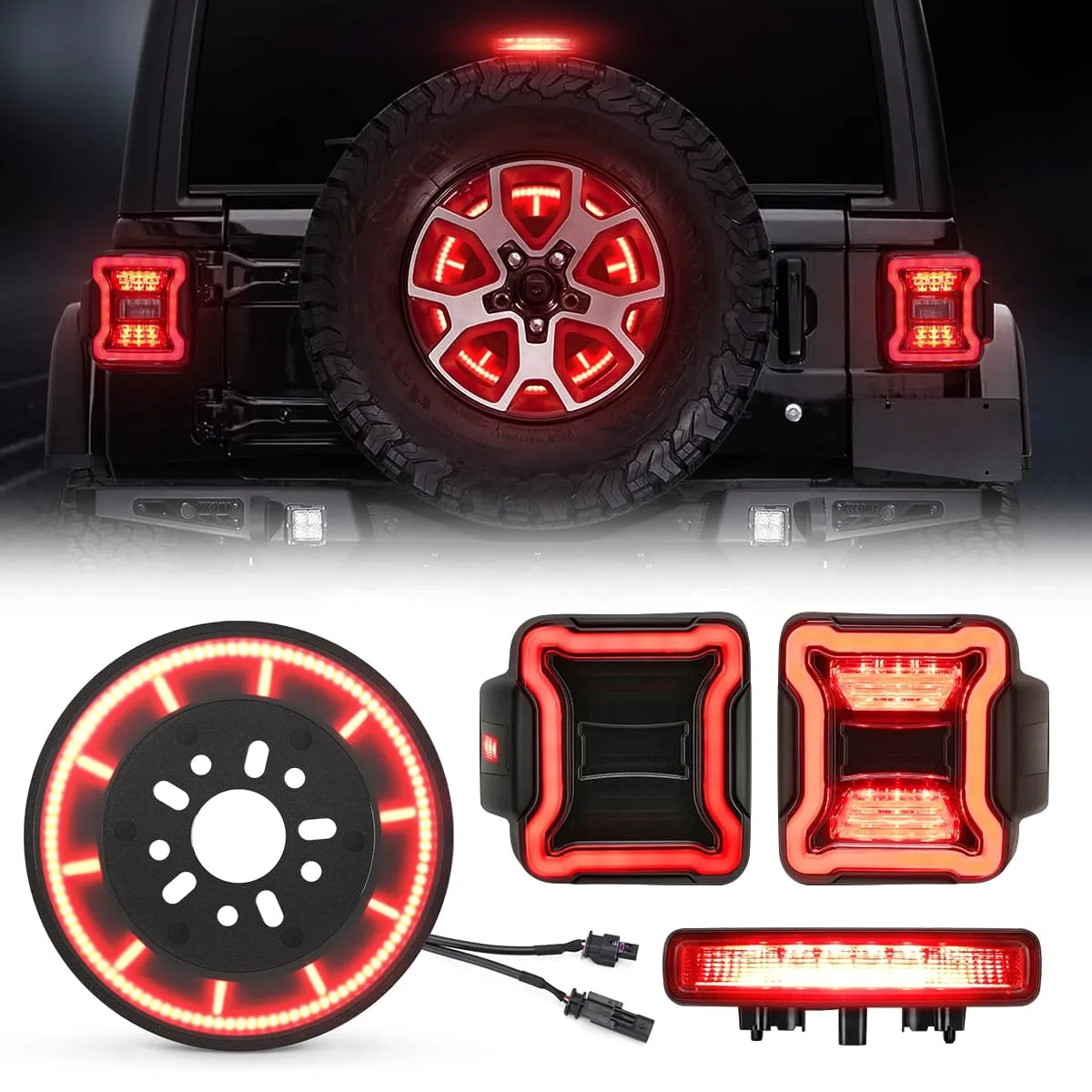 Suparee Jeep Wrangler LED Tail Lights with Spare Tire light & 3rd Brake Light Set for JL