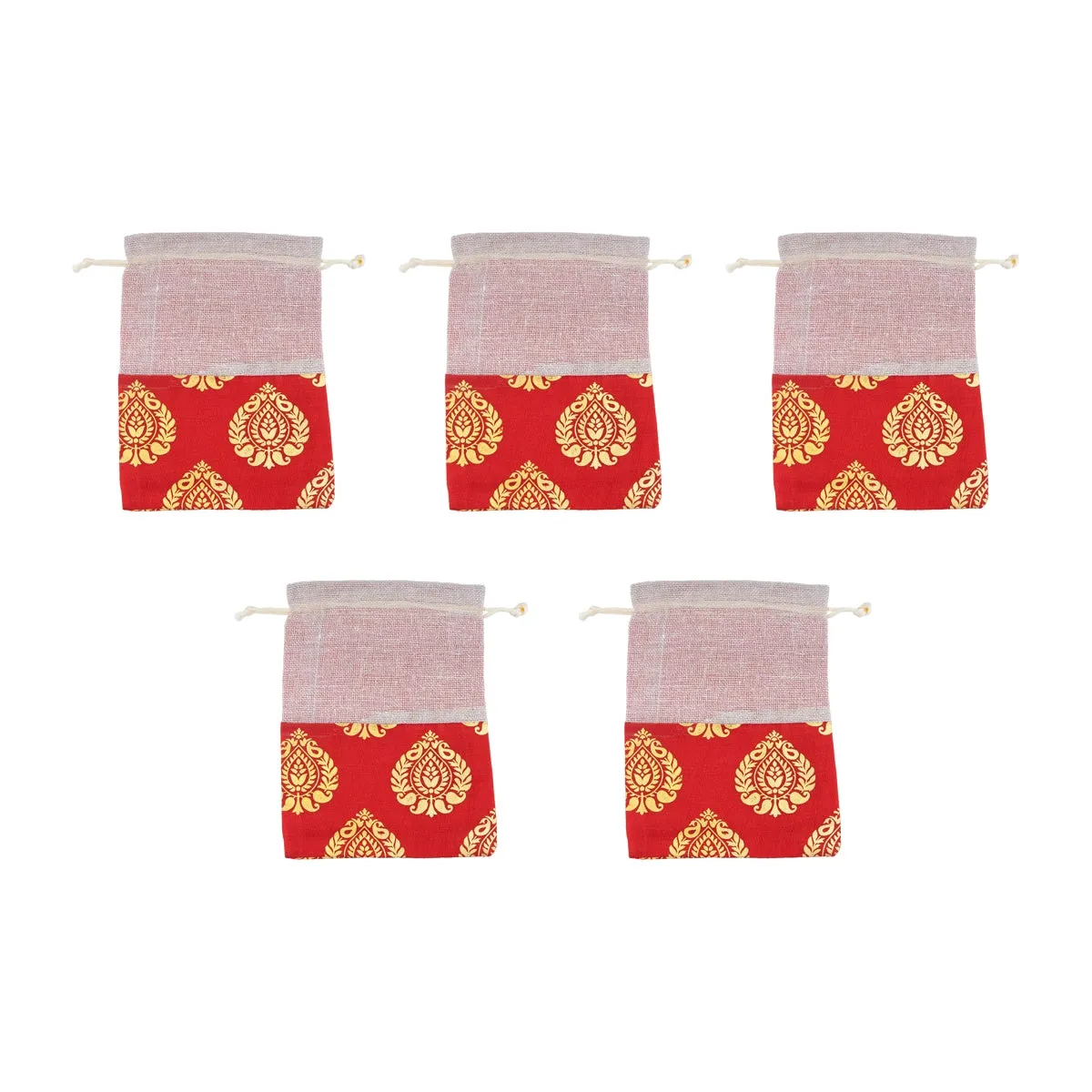 Thamboolam Bag Set - 7 x 5 Inches | 5 Pcs/ Jari With Jute Design Potli Bag/ Tambula Bag for Wedding/ Assorted Colour