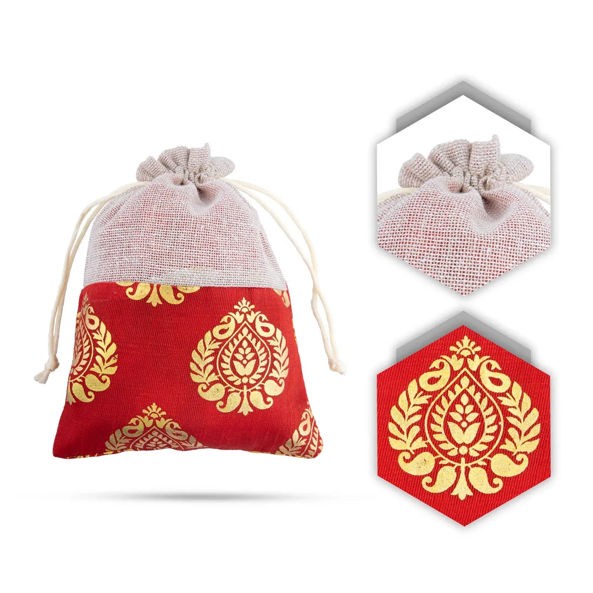 Thamboolam Bag Set - 7 x 5 Inches | 5 Pcs/ Jari With Jute Design Potli Bag/ Tambula Bag for Wedding/ Assorted Colour