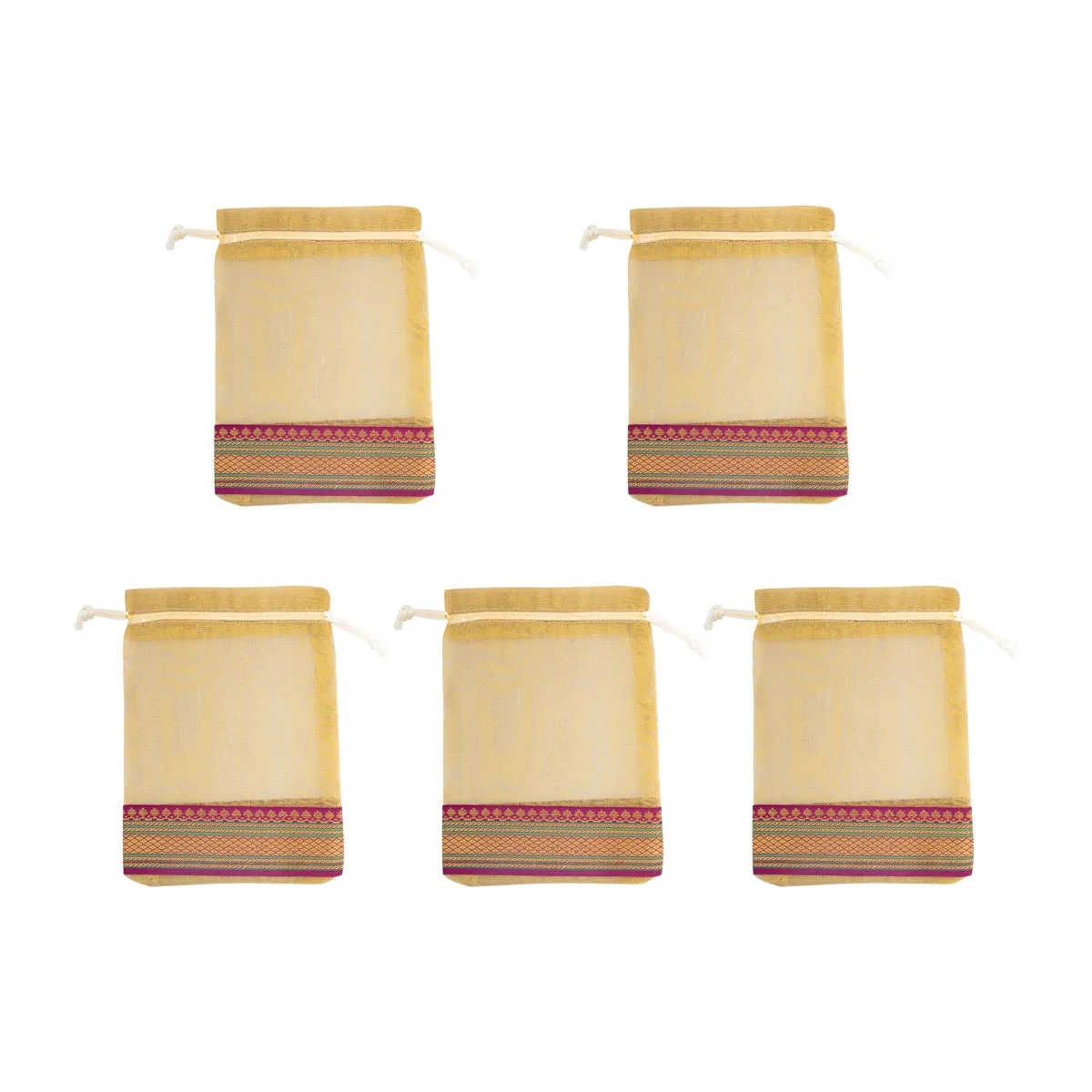Thamboolam Bag Set - 9 x 6.75 Inches | 5 Pcs/ Jari Border Design Potli Bag/ Tambula Bag for Wedding/ Assorted Colour